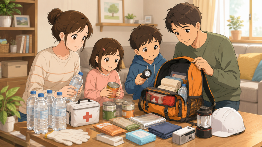 家族で防災グッズを確認する準備シーンのやさしいイラスト