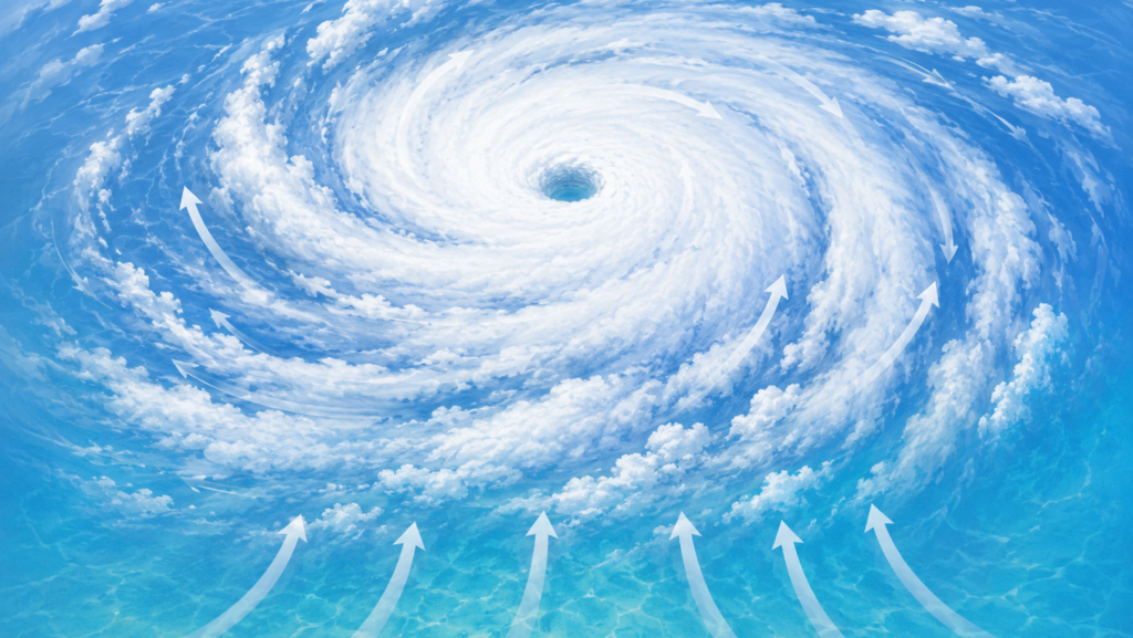 海上で発達する台風の仕組みを図式的に表したイラスト