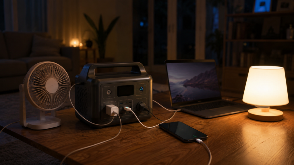 ポータブル電源で複数の家電を使う場面