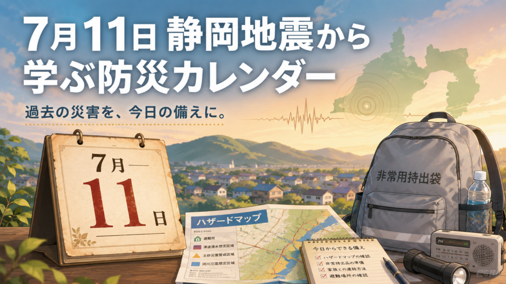 7月11日の静岡地震を振り返り、ハザードマップと防災リュックで備えを確認する防災カレンダーのアイキャッチ画像