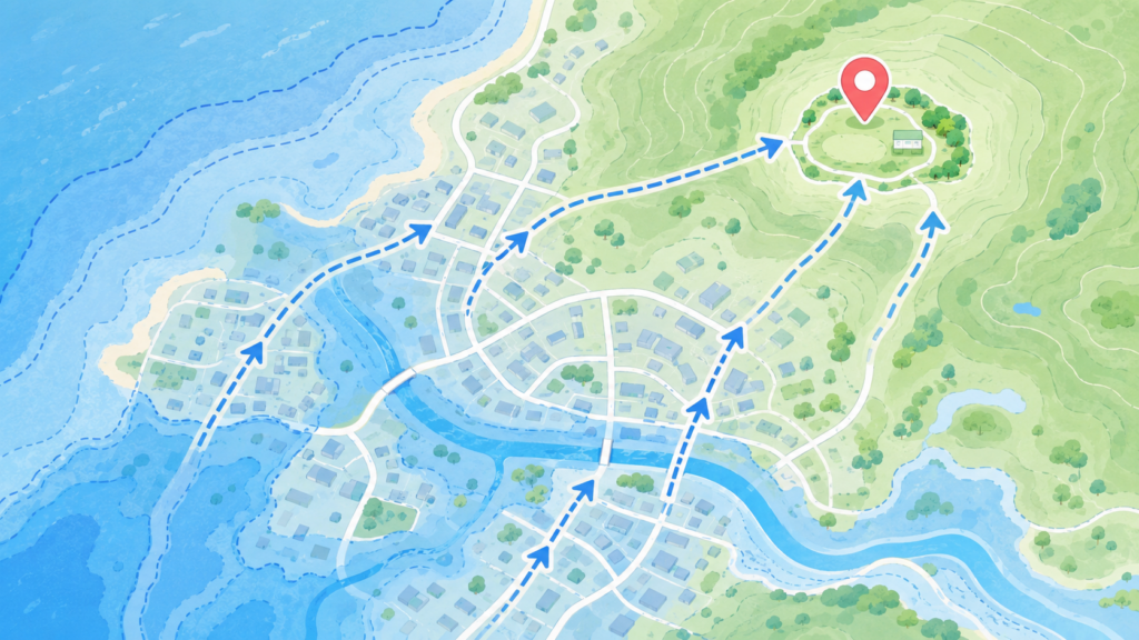 ハザードマップで避難場所と経路を確認するイラスト