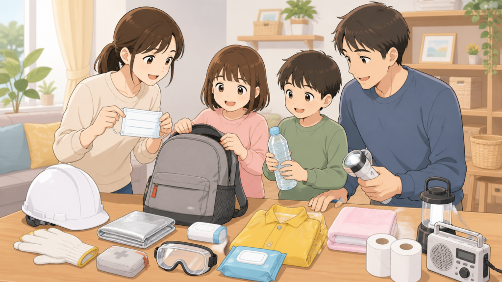 家族で防災リュックの中身を準備しているイラスト