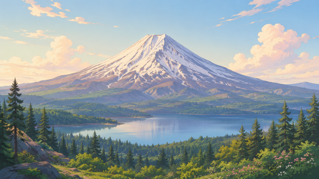 噴火前の美しい円錐形の成層火山と湖のアニメイラスト