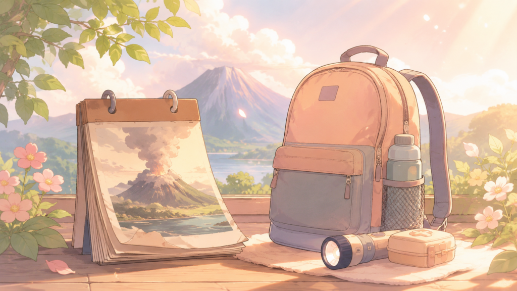 6月15日ピナトゥボ火山噴火の教訓を今日の防災につなげるイメージのアニメ調イラスト