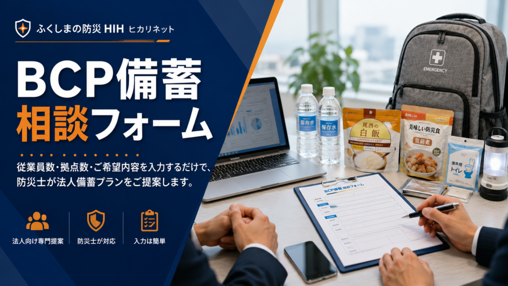 BCP備蓄相談フォームで従業員数や拠点数を入力し、非常食・保存水・防災用品の法人備蓄プランを相談するイメージ画像