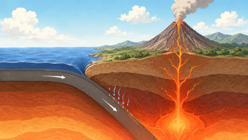 プレートの沈み込みと火山噴火のメカニズムを図解したアニメイラスト