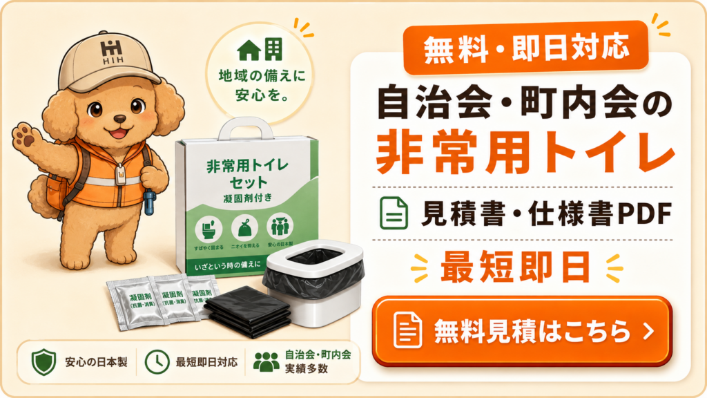 自治会・町内会の防災備蓄に使える非常用トイレセットの無料見積もり案内バナー。見積書・仕様書PDFの即日対応を訴求している。