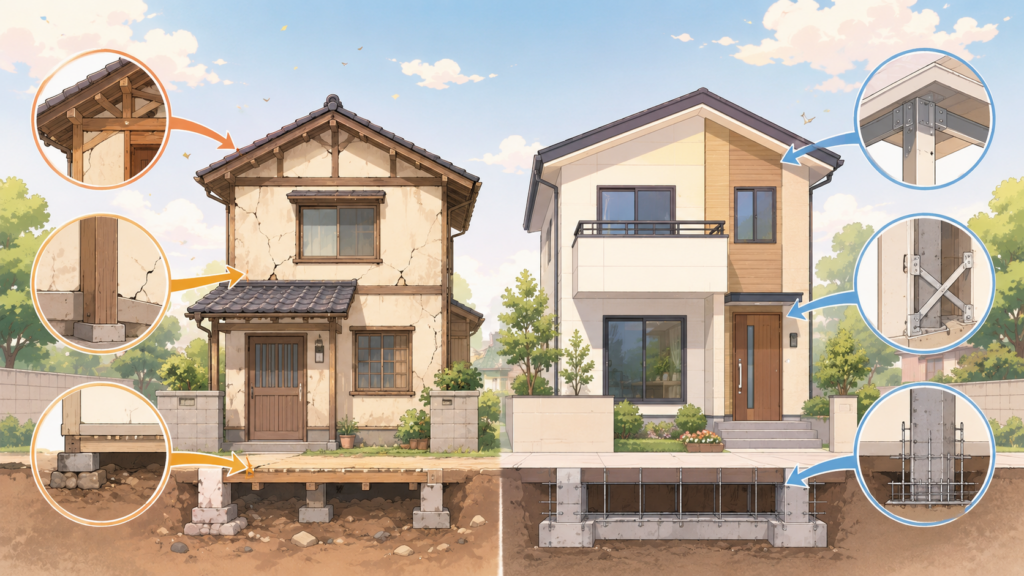 旧耐震基準と新耐震基準の建物を比較したやさしいイラスト