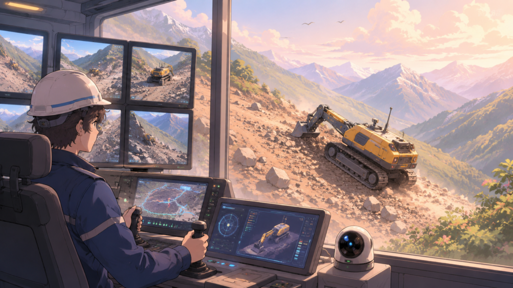 遠隔操作の重機と監視モニターをイメージした無人化施工のイラスト