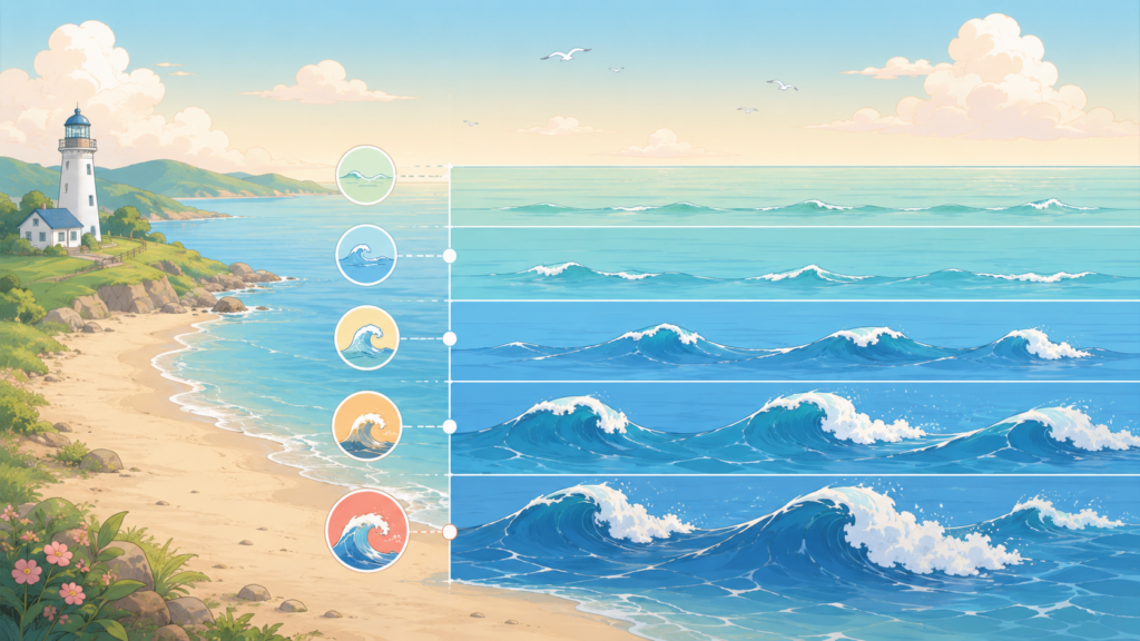 日本海中部地震の津波の高さを図解した、やさしいアニメ調のイラスト