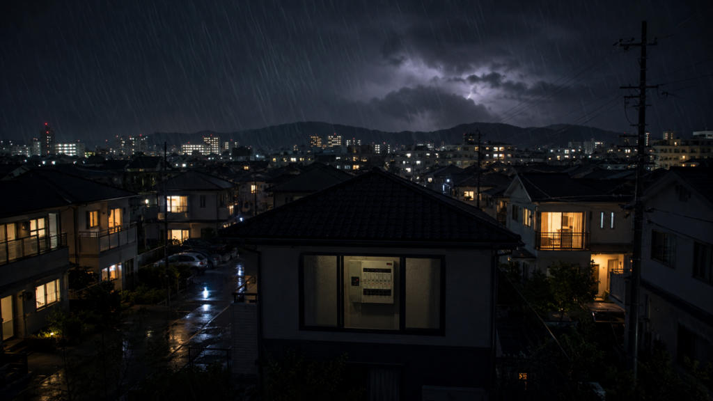 停電が起きた夜の住宅街と分電盤