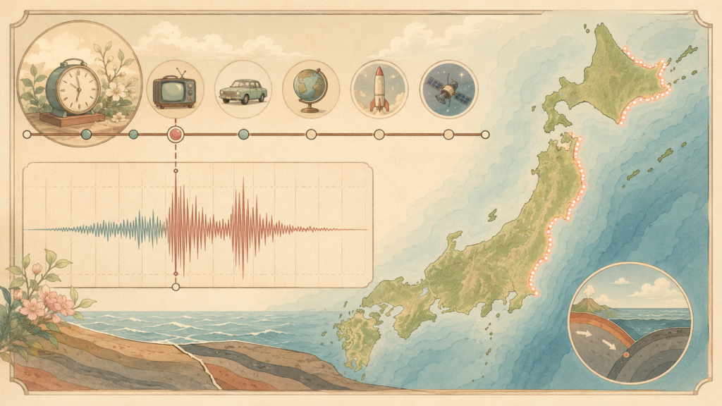1968年十勝沖地震の発生を示す年表と日本地図のイラスト