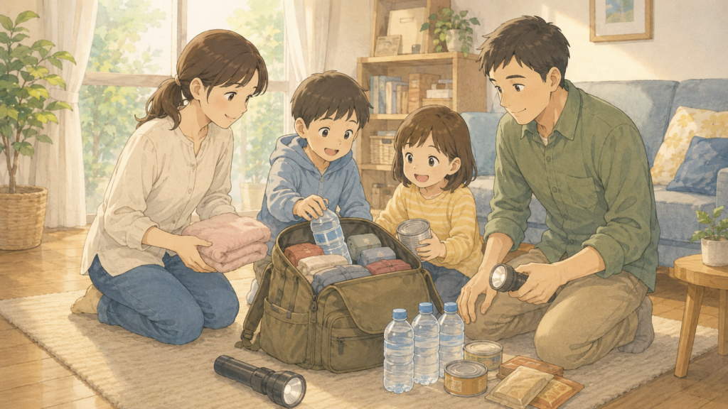 家族が防災リュックの中身を確認している備え直しのシーンのイラスト