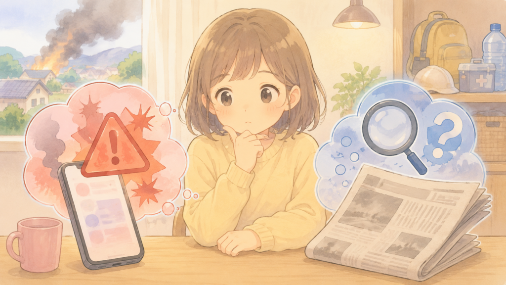災害時のデマと情報の信頼性について考える教育イラスト