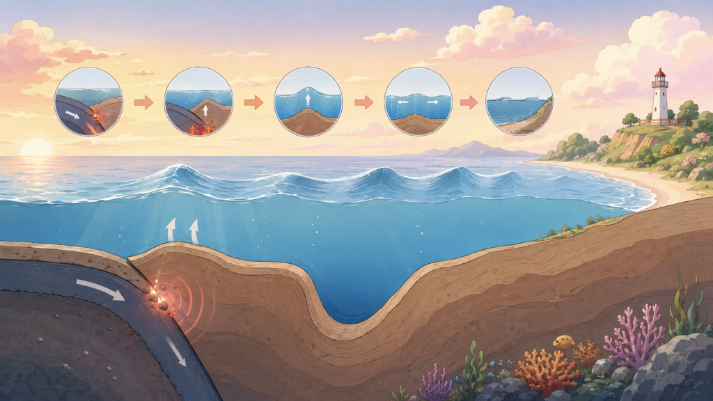 津波の発生メカニズムと沿岸への到達を示す断面図イラスト