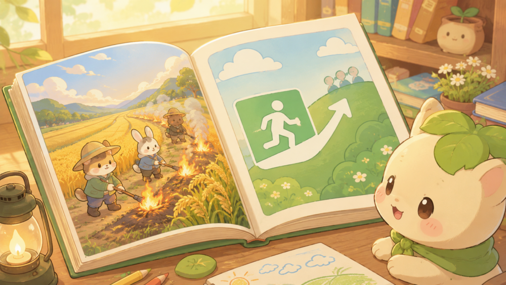 稲むらの火の絵本と現代の避難標識を並べた、津波避難教育の歴史をつなぐやさしいイラスト
