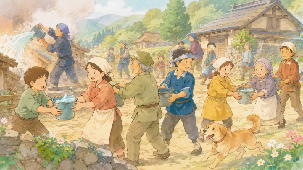 北但大震災・田結村で住民が協力して消火活動を行い命を守った共助のイラスト