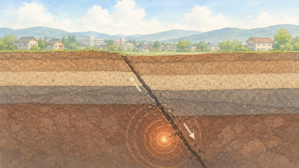 活断層による直下型地震のしくみを断面図で解説した防災イラスト
