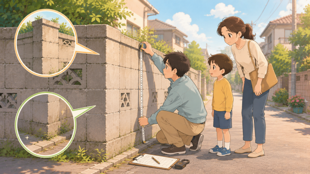 ブロック塀の安全点検チェックポイントを確認するイラスト
