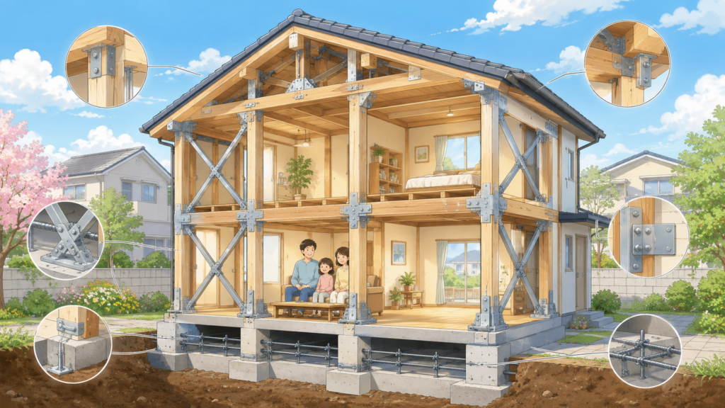 住宅の耐震化・耐震補強の重要性を示した防災教育イラスト