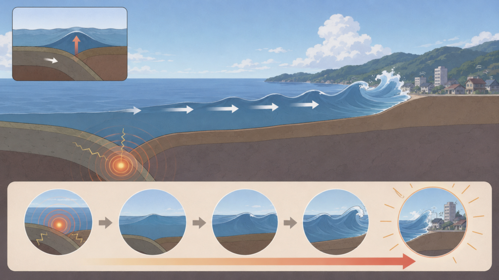 日本海側の地震で津波が短時間で到達する仕組みを示す防災理科イラスト