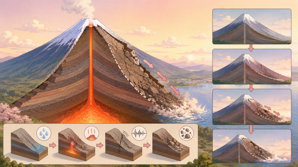 富士山型成層火山の断面と山体崩壊のメカニズムを図解したアニメイラスト