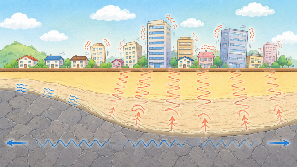 軟弱地盤が地震の揺れを増幅するメカニズムを図解した防災教育イラスト