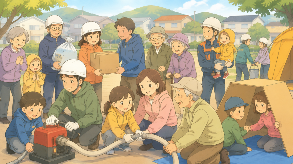 地域住民が協力して防災訓練に参加する共助の大切さを示したイラスト