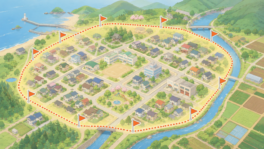 警戒区域の設定をイメージした地図と境界線のイラスト