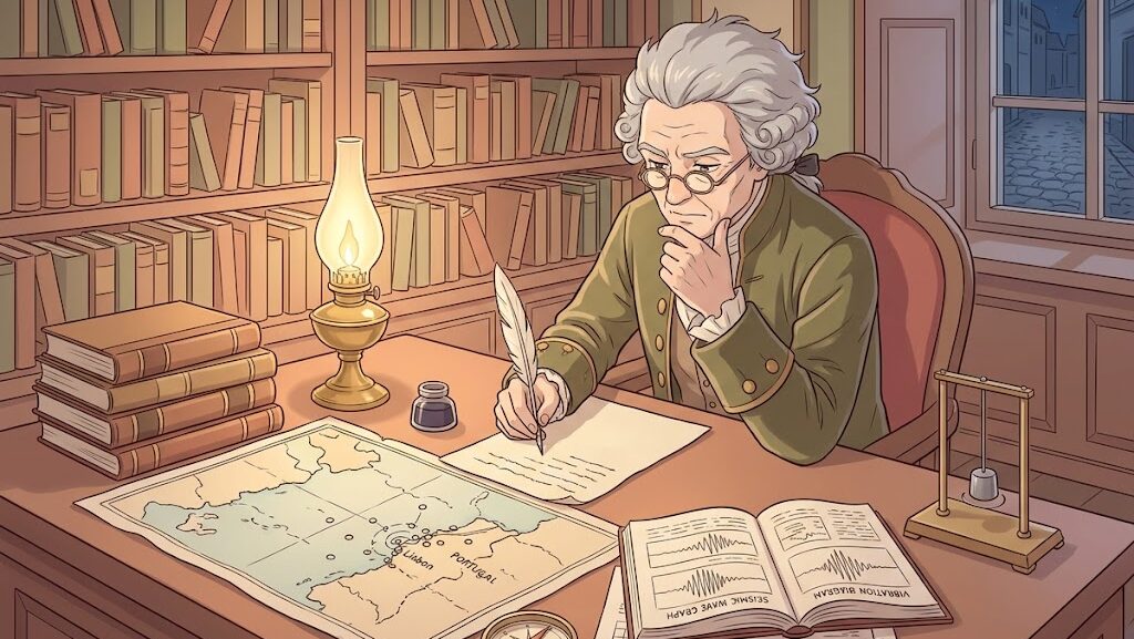 地震を科学的に研究する18世紀の学者をイメージしたアニメ調イラスト