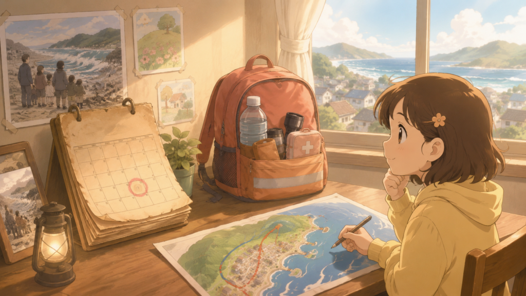 5月26日の防災カレンダーと防災リュックを描いた、過去の教訓を今日の備えにつなぐイラスト