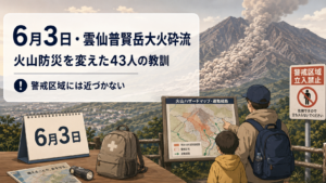 6月3日の雲仙普賢岳大火砕流を教訓に、火山ハザードマップと警戒区域を確認する親子の防災イラスト