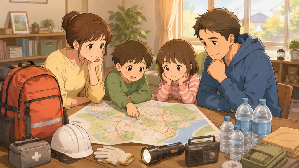 大阪府北部地震の教訓をもとに家族で防災を学ぶイラスト