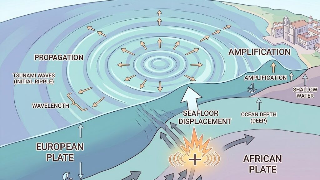 海底地震から発生した津波が大西洋を伝わる仕組みを示す図解イメージ