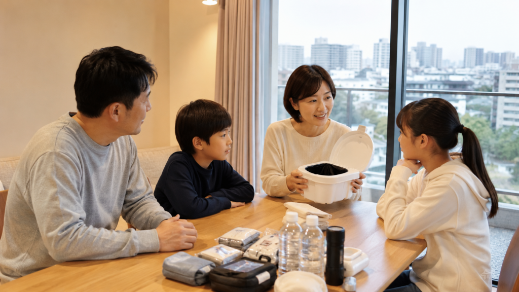 マンションで非常用トイレの備えを確認する家族