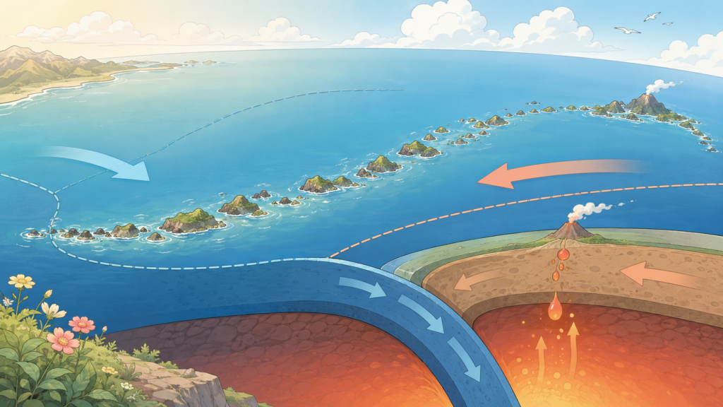 アリューシャン列島とプレートの沈み込みを示す教育的なイラスト