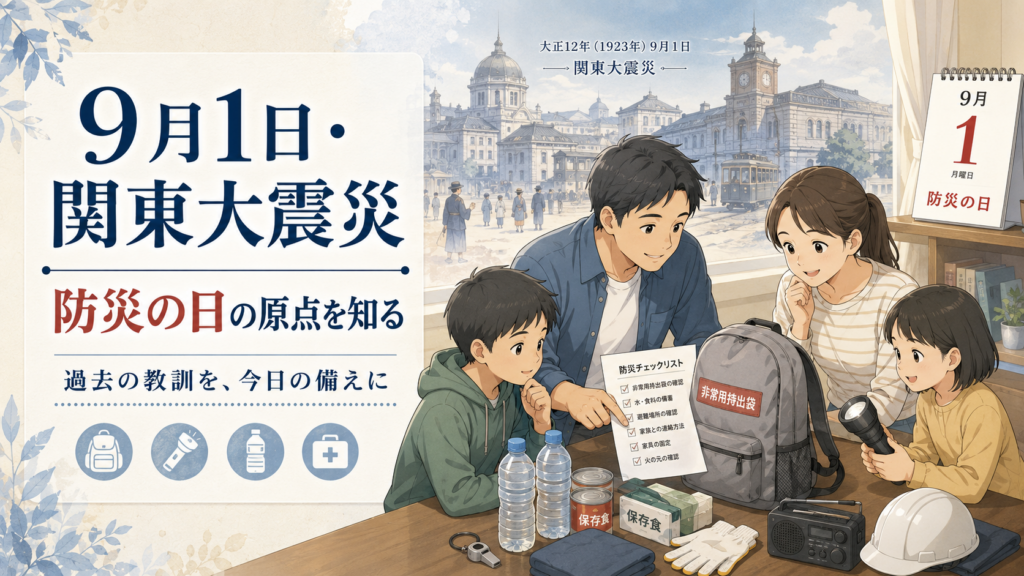 9月1日の関東大震災をきっかけに制定された防災の日の原点と、家族で防災リュックや備えを確認する様子を描いたイラスト