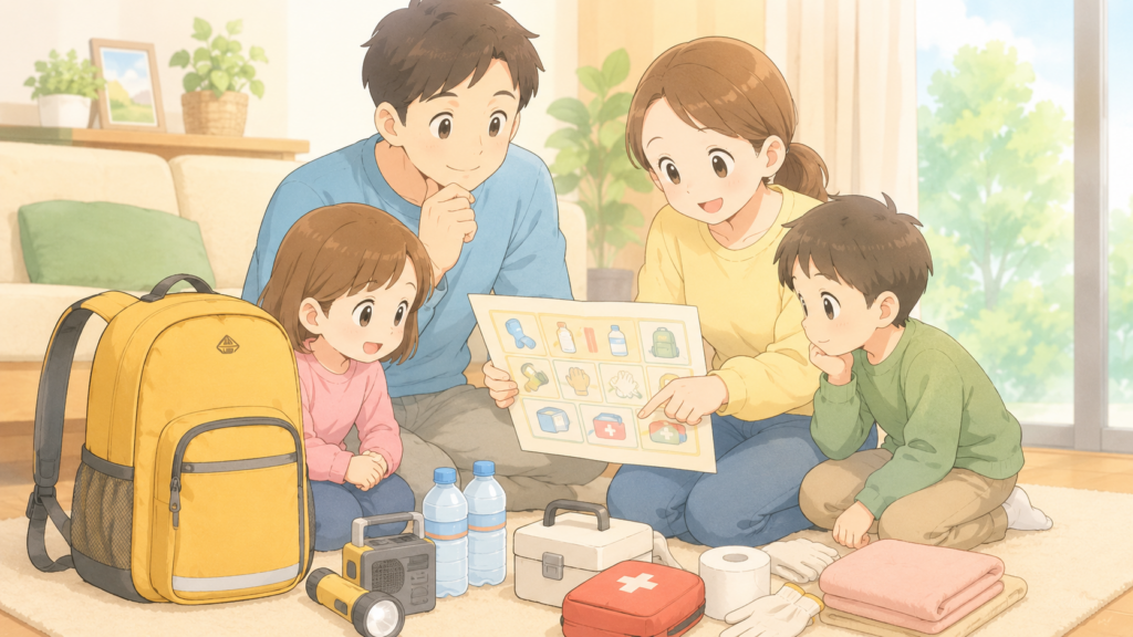 北但大震災の教訓から家族で防災チェックリストを確認している場面のイラスト