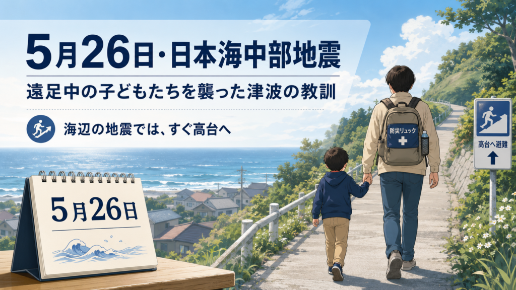 5月26日の日本海中部地震を教訓に、海辺から高台へ避難する親子と防災リュックを描いたイラスト