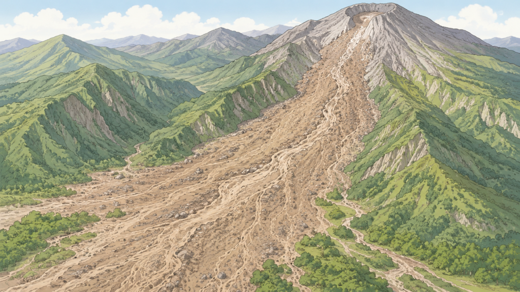 山の谷を流れ下る火山泥流（ラハール）の鳥瞰イラスト