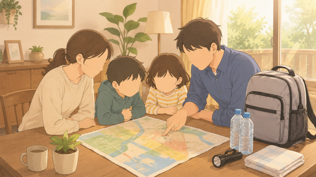 家族でハザードマップを確認する防災学習のイラスト