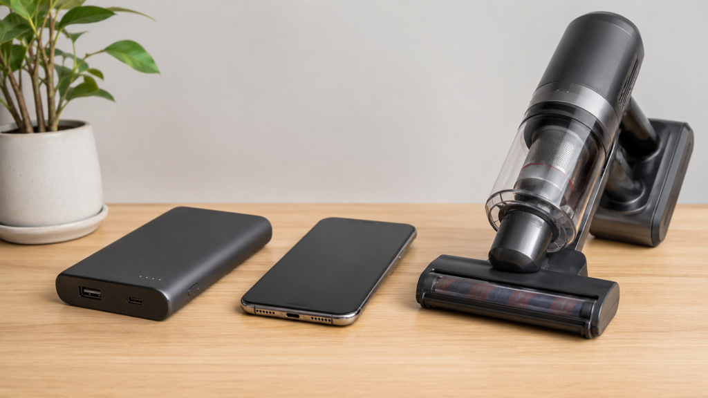 リチウムイオン電池を搭載したモバイルバッテリー・スマホ・掃除機の製品