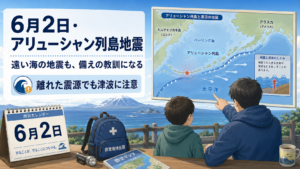6月2日のアリューシャン列島地震を教訓に、離れた震源でも津波に注意する備えを学ぶ防災イラスト