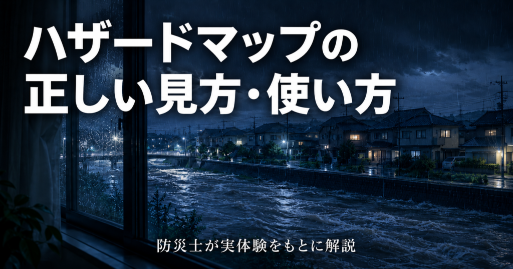 夜の住宅街で大雨により増水した河川を窓から見つめるハザードマップ解説用バナー画像