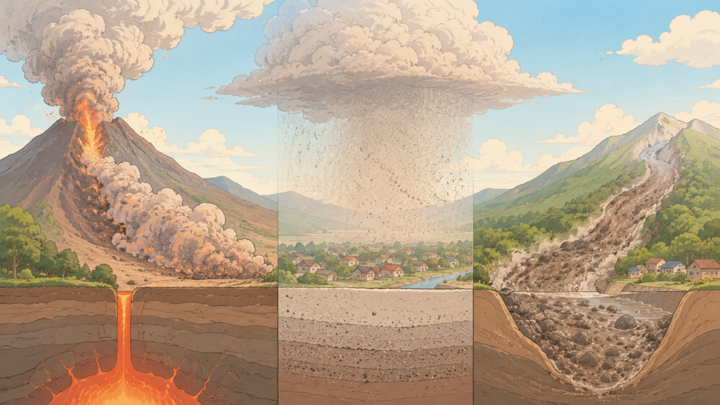 火砕流・火山灰・火山泥流（ラハール）の3つの脅威を図解したアニメ調イラスト