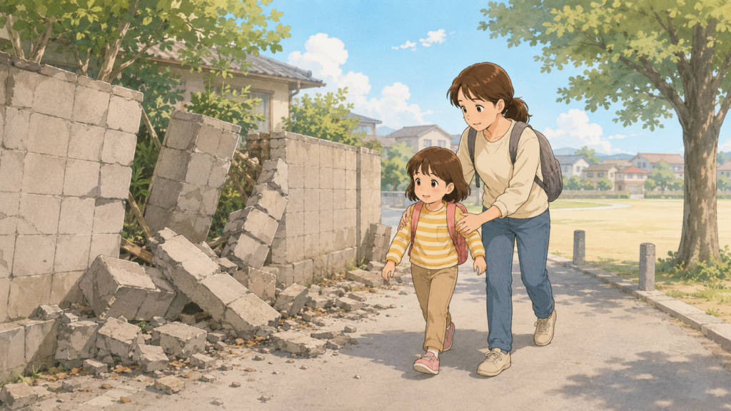 ブロック塀の危険性と地震時の安全な避難行動を示すイラスト