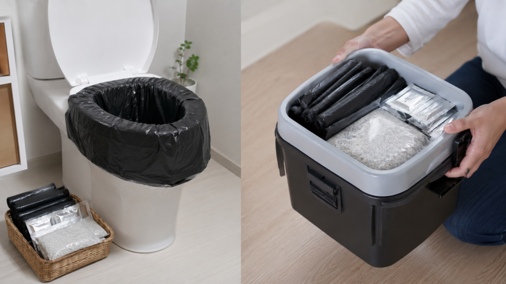自宅設置型と携帯用トイレの使い分けを示すイラスト
