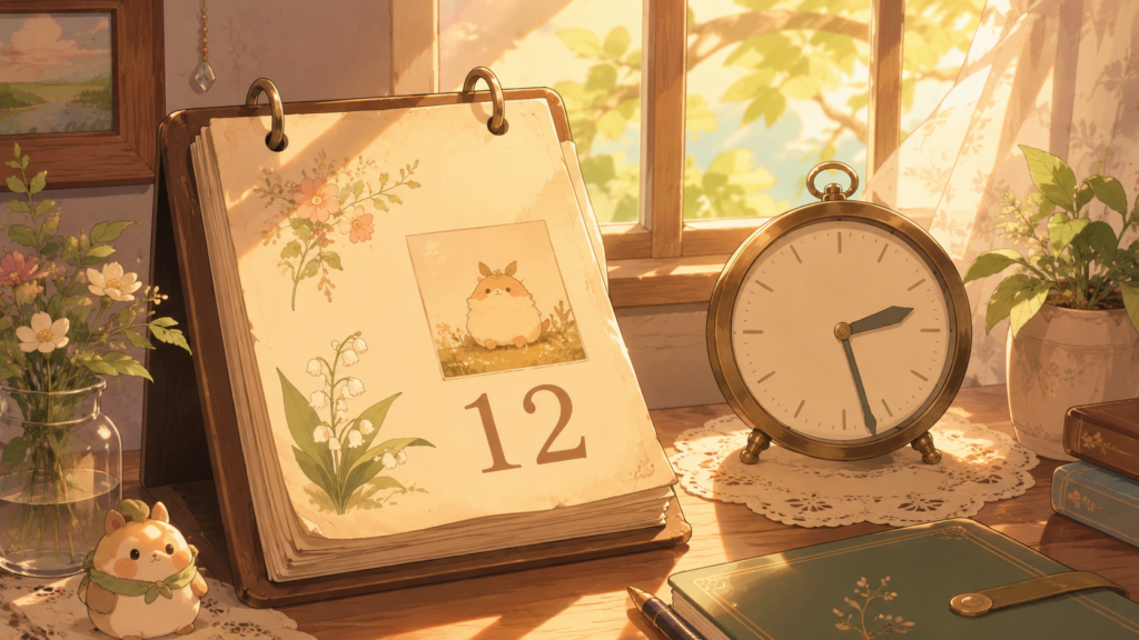 5月12日の防災カレンダーと防災リュックを描いたやさしいイラスト