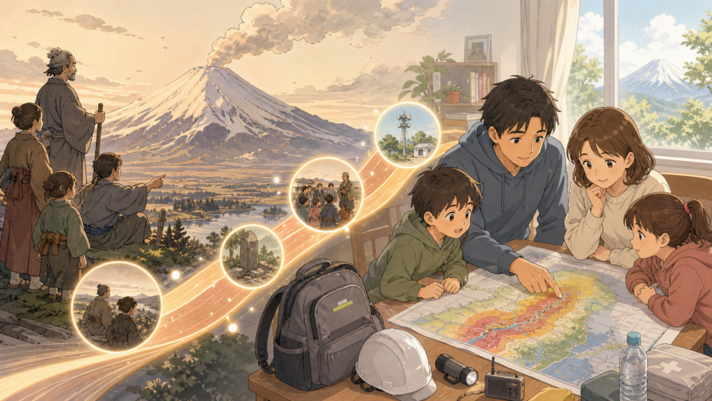 歴史の教訓と現代の備えをつなぐタイムラインイラスト