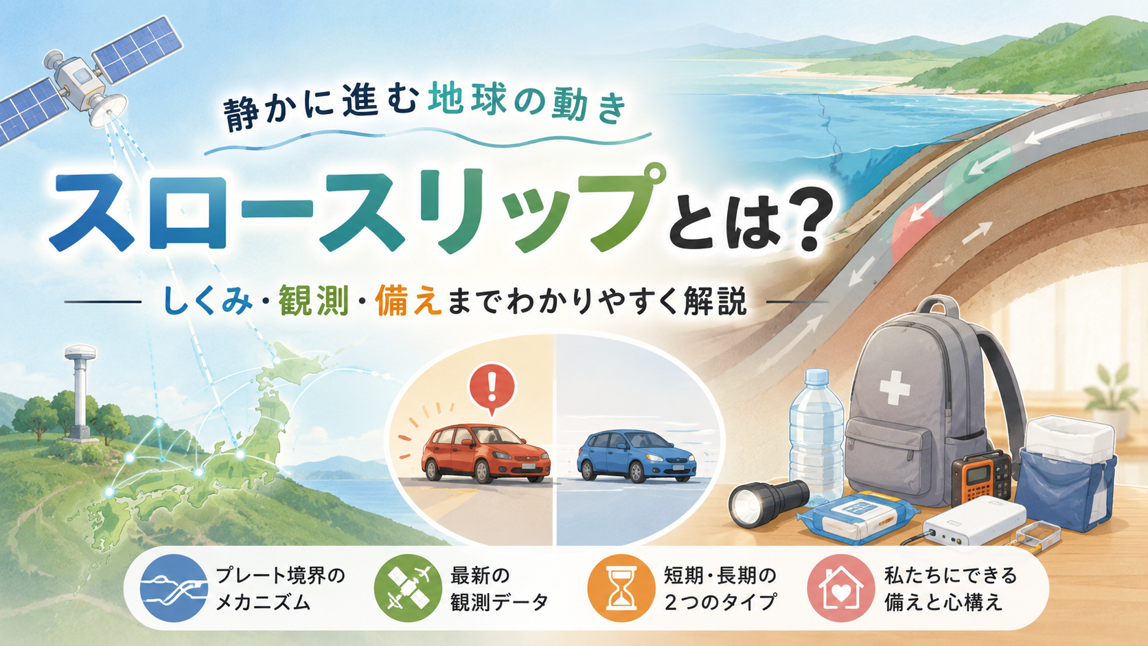 スロースリップの仕組みと観測、防災への備えをわかりやすく示したアイキャッチ画像